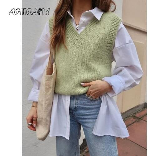 V Neck Knitted Sweater Vest Women Y2K Sleeveless Female Elegant Pullover Loose Solid Casual Knitting Tops Outerwear Vest