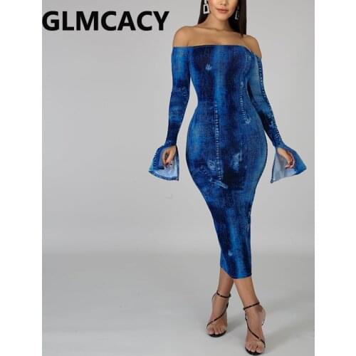 Women Printed Long Sleeve Flare Sleeve Off Shoulder Bodycon Maxi Dress