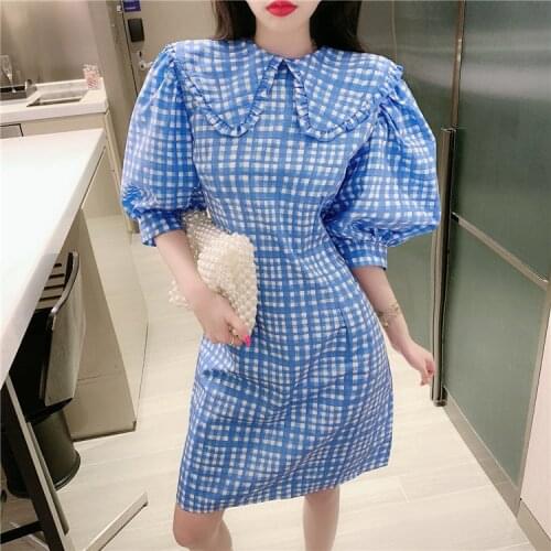 Fashion Puff Sleeve Short Above Knee Woman Dress High Waist Turn Down Collar Dresses Plaid Pattern Vestidos YOU638