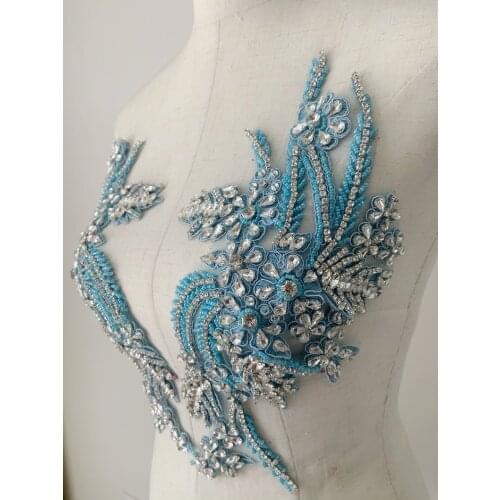 1 pair Light Blue Rhinestones Crystal Rhinestone Wedding Applique Beaded Patch Trim Sew On For Wedding Dresses