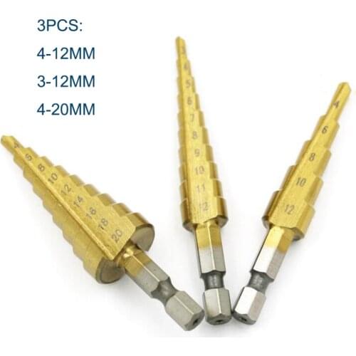 3PCS Titanium Coated Step Drill Bit with 1/4" Hex Shank Drive Quick Change for DIY Woodworking Metal Plastic