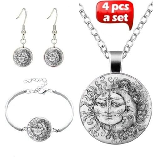 4Pcs/Set Sun and Moon round glass jewelry Norse Vikings Pendant Necklace Bracelet Earrings Viking Amulet Pendant Nordic Talisman
