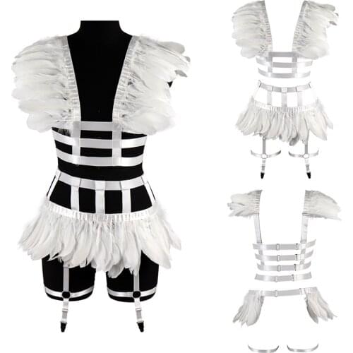 Strappy Harness Bra And Feathers Skirt For Women Fashion Sexy Cage Bondage Lingerie Punk Gothic Costume Dance Festival Rave Wear