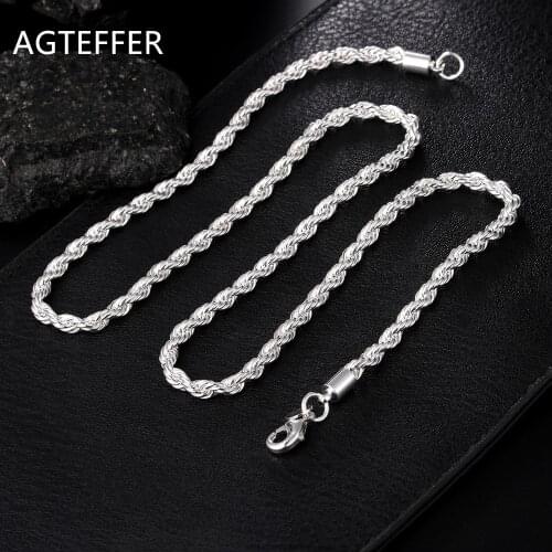 AGTEFFER 925 Sterling Silver 16/18/20/22/24 Inch 4mm Twisted Rope Chain Necklace For Women Man Fashion Wedding Charm Jewelry