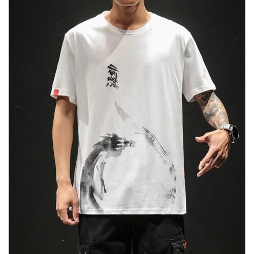 Chinese Style T shirt Men Funny Anime Print O-Neck Loose Black White Hip-hop Cotton Tshirts Male Summer Streetwear Fashion Tees