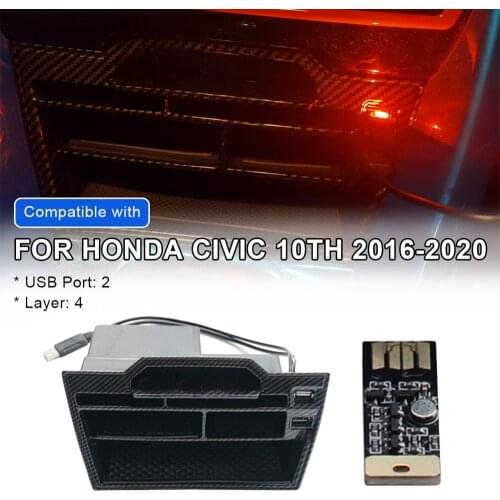 Console Storage Box Coins Trays Cards Organizer With Dual USB Outlet Cable For Honda Civic 2016-2020 Car Accessories Interior