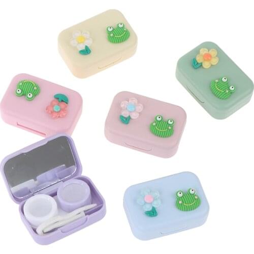 Mini Square Contact Lens Case With Mirror Women Contact Lenses Box Cute Cartoon Frog Fruit Eyes Lenses Case Container Travel Kit