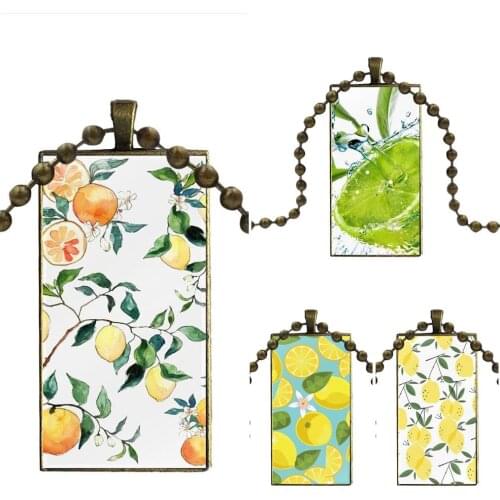 Fashion Glass Cabochon Pendant Necklace With Women Bronze Plated Statement Jewelry For Wedding Fruit Fresh Lemon Colorful Cute