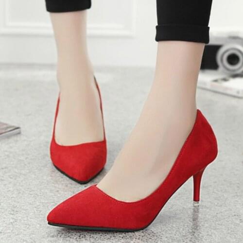 Large Size 34-42 Sexy Heels Women Shoes Pointed Toe Faux Suede Basic Pumps Thin Heeled Dress Shoes Black Boat Shoes Red White