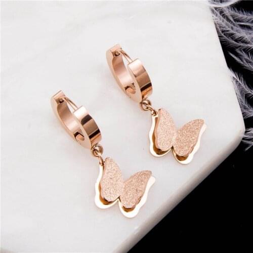 YUN RUO Rose Gold Color Butterfly Tassel Stud Earring Hook Titanium Steel Fashion Jewelry Woman Birthday Gift Hypoallergenic
