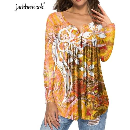 Jackherelook Large Size Womens Blouse Polynesian Tribal Hibiscus Print Casual Tops Shirts for Girls Long Sleeve Clothing Mujer