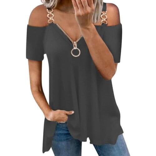 Women Slim Slimming V-Neck Zipper T-Shirt Off Shoulder Strap Short Sleeves Tees Solid Color Casual Women Clothing