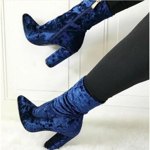 Women New Fashion Pointed Toe Blue Velvet Chunky Heel Short Boots Zipper-up Thick Heel Ankle Booties Formal Dress Shoes