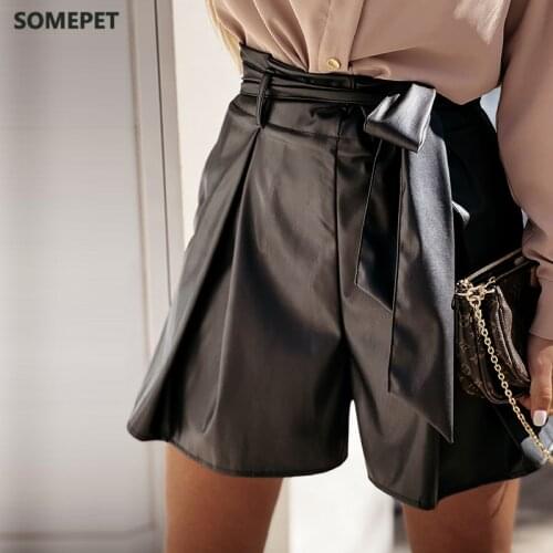 Casual High Waist Sashes PU Leather Shorts Woman Elastic Waist Solid Work Daily Basic Short Pants 2021 Summer