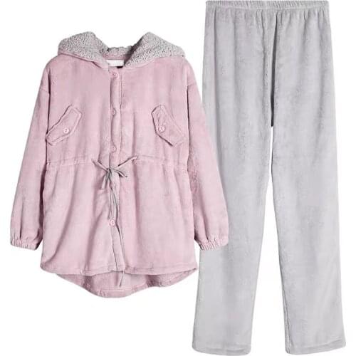 Winter Flannel Warm 2pcs Pajamas Set Women Thick Long Sleeve Hooded Tops Long Pant Home Clothes Comfortable Plus Size Pijama
