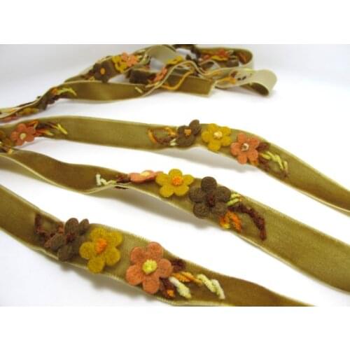 1 Inch Felt Flower with Yarn Embroidery on Brown Velvet Ribbon|Sewing|Quilting|Craft Supplies|Hair Accessories|Necklace DIY
