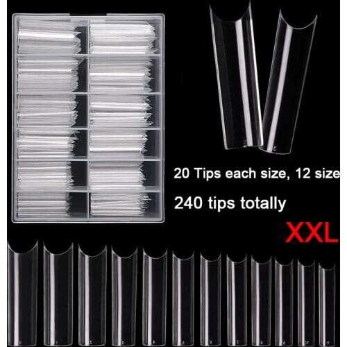 240pcs/box XXL French False Nail Art Tips Smile C Shape Half Cover Coffin Max 12 Sizes Ballerina Fake Nails For Manicure Tools