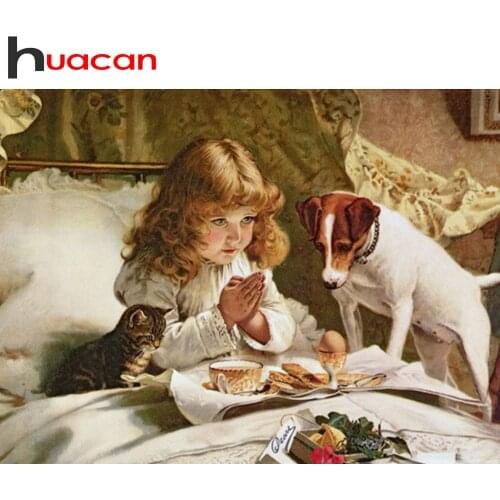 Huacan Portrait Diamond Painting Girl Dog Full Square Diamond Mosaic Home Decoration Diamond Embroidery Accessories
