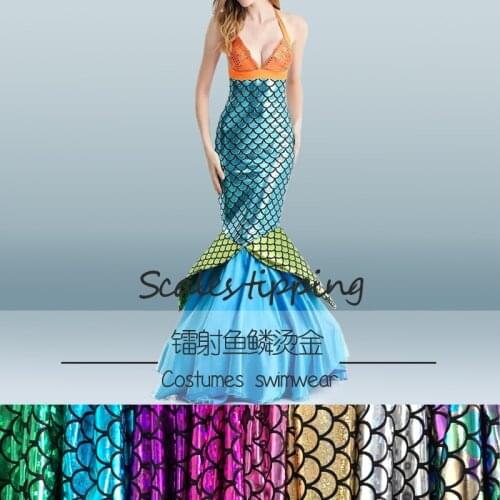 Free Shipping 1*1.5m Sparkly Hologram Spandex Mermaid Printed Swimsuit Fish Scale Fabric Stretch Fabric Dancer Swimwear