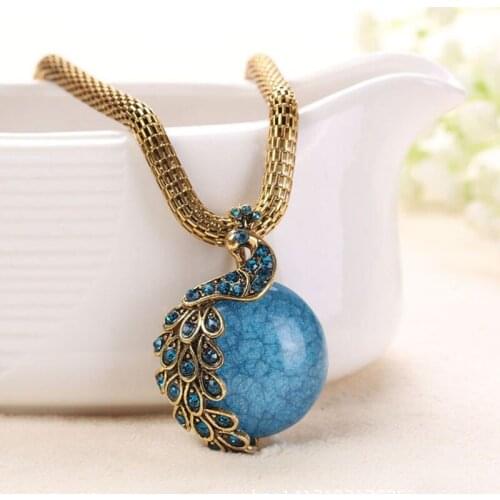 Bohemian Peacock Pendant Necklace Gold Color Metal Long Chain Round Stone Collier Femme Statement Necklaces