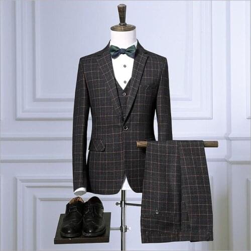 Business Professional Dress Three-piece Blazer Vest Trousers Suit Korean Retro Plaid Groom Wedding Formal Suit