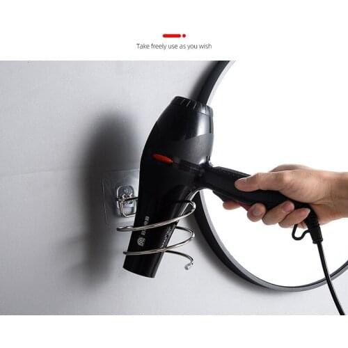 Hair Dryer Holder Blower Organizer Adhesive Wall Mounted Nail Free No Drilling Stainless Steel Spiral Stand For Bathroom