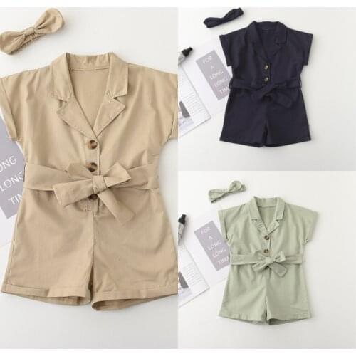 Kids Girls Overalls Cute Summer Toddler Bowtie Sashes One-piece Pants Mid Waist Children Pure Color Turn-down Collar Capris