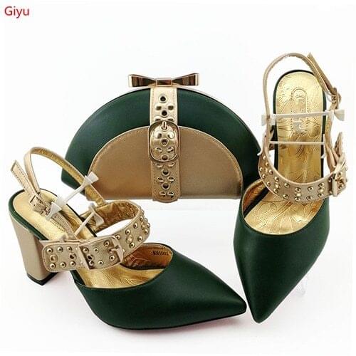 Doershow New Arrival African Wedding Shoes and Bag Set green Color Italian Shoes with Matching Bags Nigerian Women party!!SJK1-3