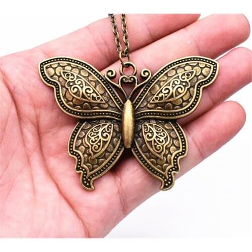 Hot Sale Antique Bronze 70*51mm Butterfly Pendant Necklace , 70cm Chain Long Necklace