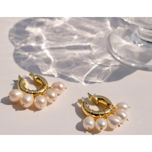 Brass With 18K Gold Natural Real Pearl Fan Drop Earrings Women Jewelry Punk Party Sweety Gown Runway Boho Korean Japan