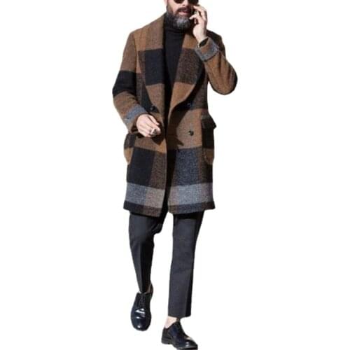 Men Wool Blends Coats Winter Plaid Turn-Down Collar Overcoat Male Warm Woolen Outwear Plus Size Long Trench Outerwear M-3XL