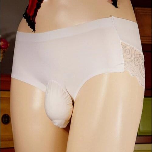 Lingerie Panties Lace Patchwork Men Briefs U Convex Pouch Sissy Ice Silk See Through Panties Fetish Cock Ring Sheath Underwear