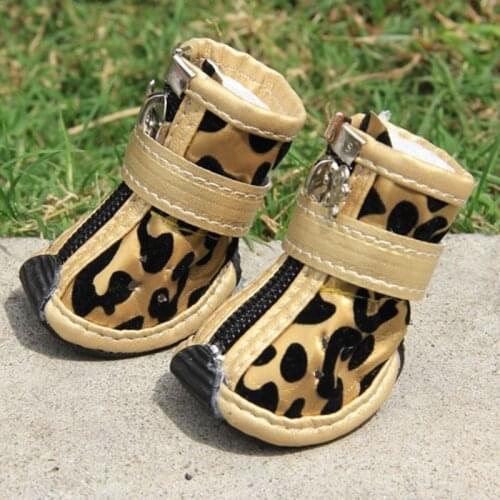 NEW 4pcs/Lot Pet Dog Shoes Warm Booties Air Holes Black Suede Synthetic Zipper Boots Autumn Winter Leopard Pet Bottes 5 size