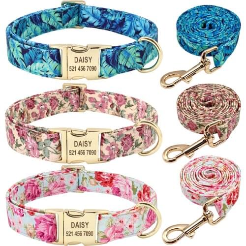 Personalized Dog Collar And Leash Set Nylon Dog Collars Floral Printed Pet Walking Leash Customized ID Tag For Medium Large Dogs