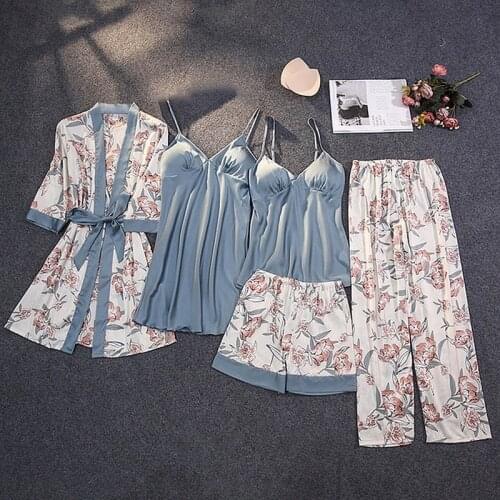 2021 Spring Autumn Women Silk Pajamas Sets With Chest Pads Flower Print Pijama Sleepwear 4 Pieces Spaghetti Strap Satin Pyjamas