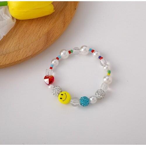 Origin Summer Cute Multicolor Smile Face Crystal Charm Bracelet for Women Contrasted Beaded Pearl Bracelet Handmade Jewellery