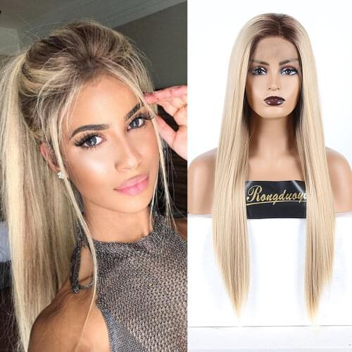 RONGDUOYI Long Silk Straight Synthetic Lace Front Wig High Temperature Ombre Blonde Lace Wigs for Women Two Tone Blonded Wig
