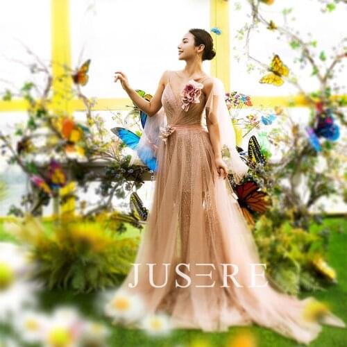 Pink dress illusion v neck caps pleated bodice tulle skirt sequin 3D florals court train evening dress prom dress