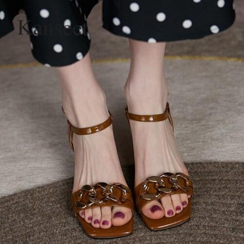 Kanseet Open-Toed Women Sandals Fashion Metal Chain 2021 Summer High Heels Shoes Patent Leather Brown High Quality Female Shoes