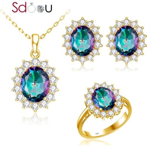 SDOOU 14k Gold Jewelry Sets Sterling Silver 925 Ring Stud Earrings Pendant Necklace Vintage Rainbow Topaz Gold Plated Jewelry
