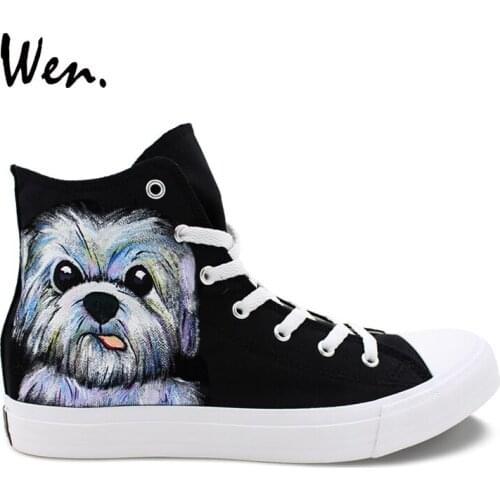 Wen Original Design Hand Painted Animal Shoes Cute Pet Dog High Top Black Canvas Unisex Shoes Sneaker Outdoor Shoes Skate