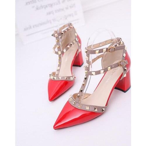 Women Shoes Rivet Pumps Sandals Patent Leather Pointed Toe Thick Heels Ankle Strap Wedding Party Dress Shoes Zapatos Mujer New