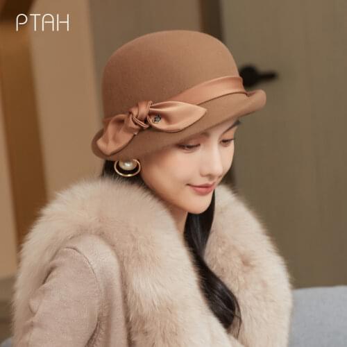 [PTAH] Temperament Wool For Women Girls 100% Wool French Elegant Fedora Hats Imitation Autumn Winter Vintage Hat With Wide Brim