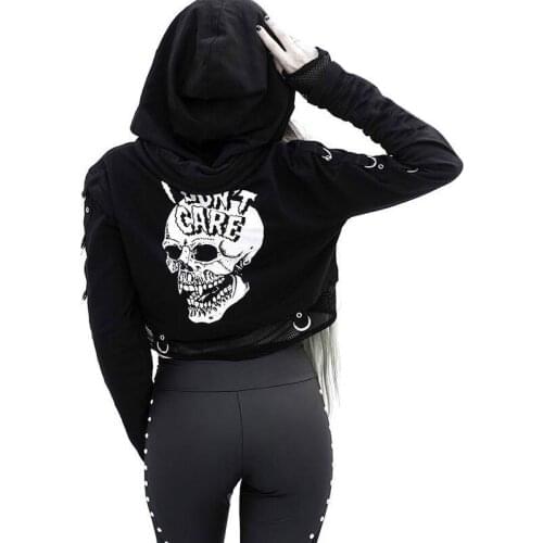 Women Sweatshirts Cropped Hoodie Jacket Mesh Patchwork Female Streetwear Hooded Gothic Skull Printed Black Loose Short Hoodies