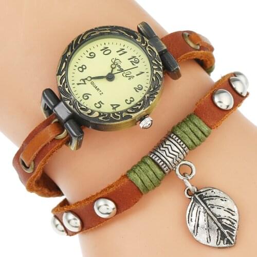Top Genuine Leather Watch Woman Retro Bronze Rim Rectangular Dial Leaf Pendant Wristwatch Woman Lady Casual Dress