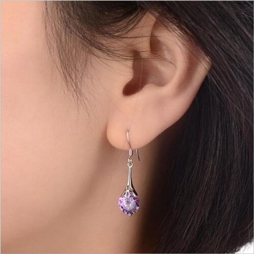 Everoyal Trendy 925 Sterling Silver Earrings For Women Accessories Charm Crystal Purple Round Drop Earrings Girls Lady Jewelry