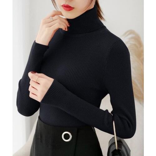 Turtleneck Knitted Sweater Pullovers Sweater for Women Long Sleeve Female Jumper Black White Gray Clothing