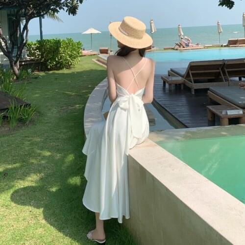 Maxi Vintage Satin Sexy White Sleeveless Summer Dress Women Vacation Robe Backless Bow Beach long Sundress 2021 New arrival