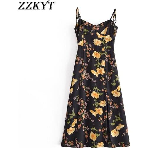 ZZKYT 2021 Women Summer Vintage Floral Print Midi Dress Fashion V-Neck Sleeveless Back Elasticity Bow Tied Straps Female Dresses