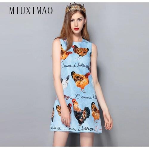 2019 Spring & Summer New Arrival Fashion A-Line O-Neck Sleeveless Tank Diamonds Chicken Print Elegant Above Knee Dress Women